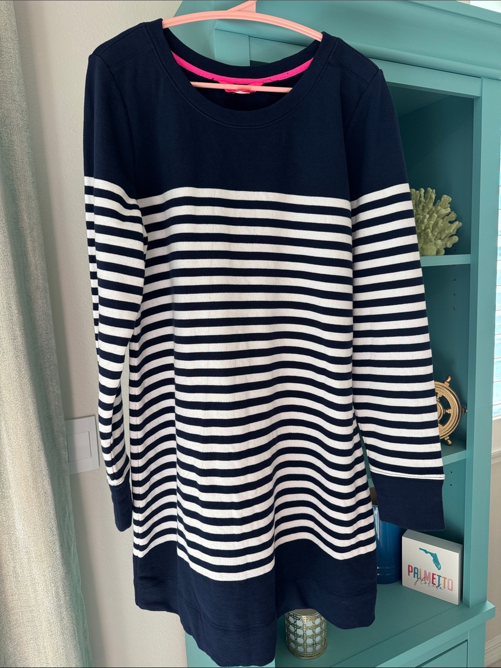 Lilly Pulitzer Navy and White Striped Long-Sleeve Dress XL EUC